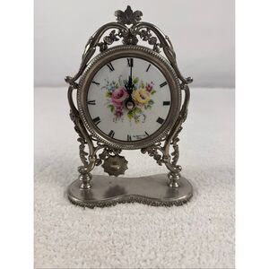 Vintage Chanill Pewter and Limoges Porcelain Mantel Clock/Works